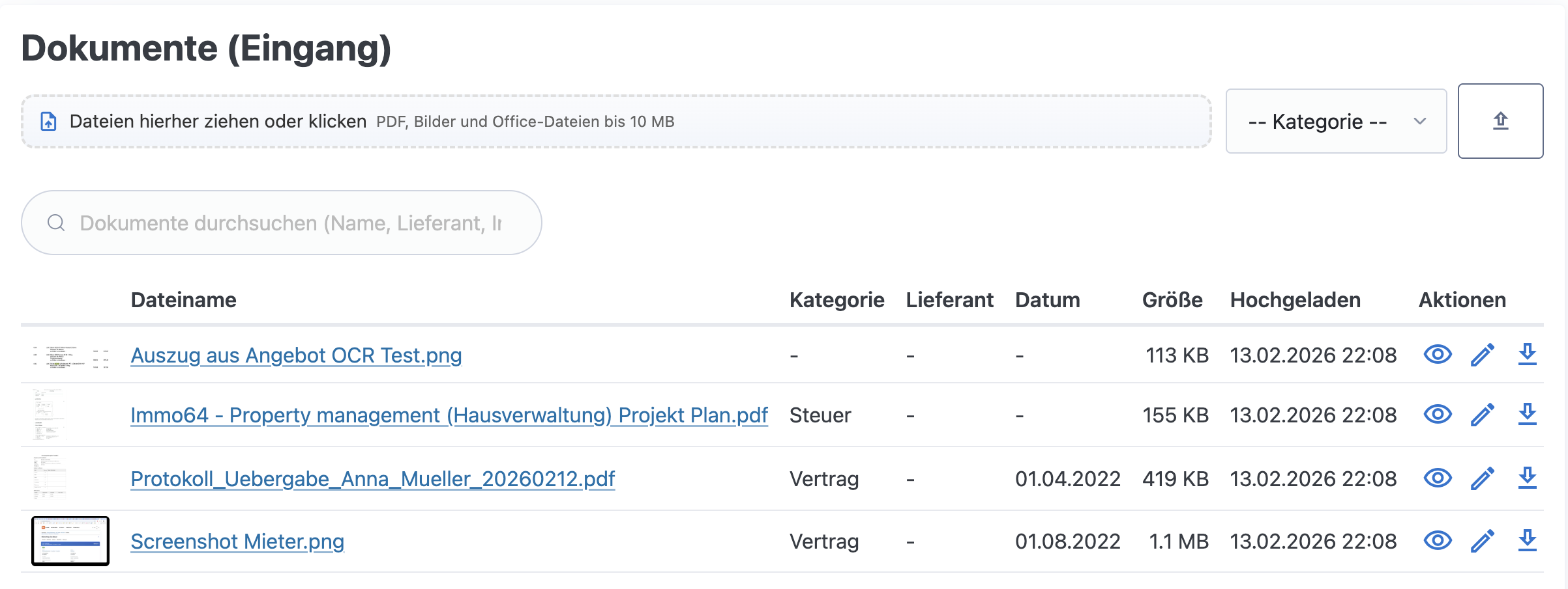 Dokumenten-Eingang mit Drag & Drop und Kategorien