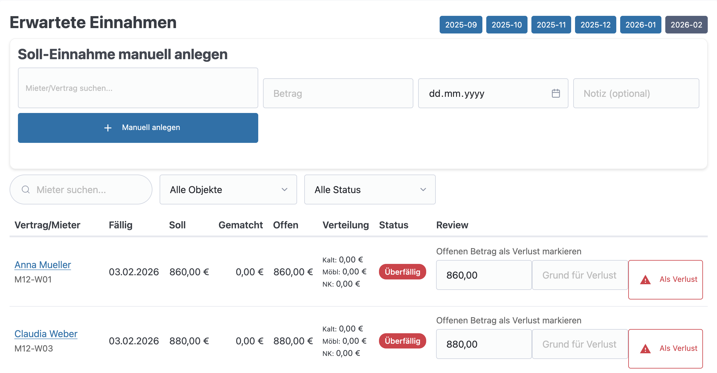 Erwartete Einnahmen mit Überfälligkeits-Anzeige