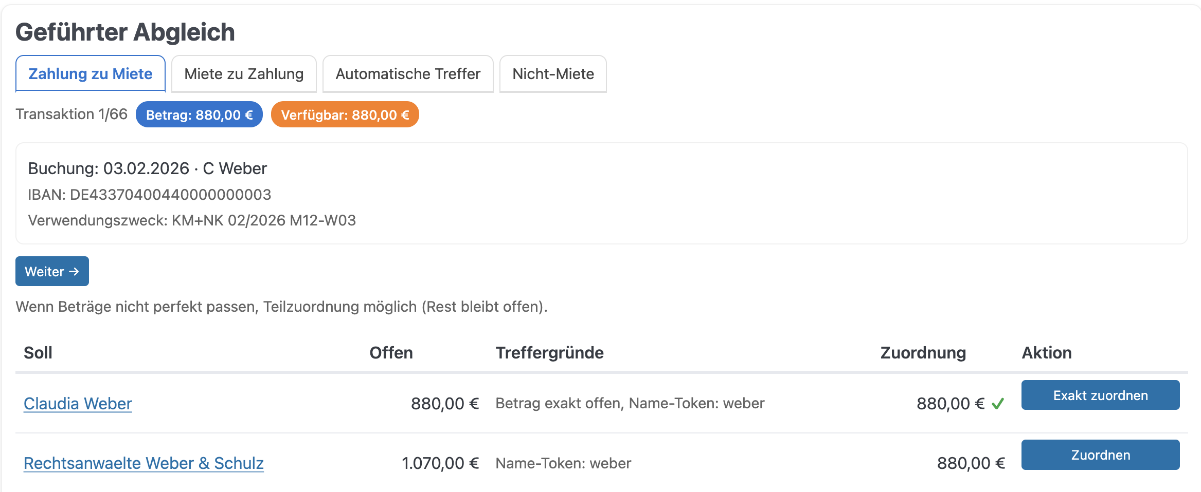 Geführter Abgleich: Buchung Weber mit zwei Treffern, bester Vorschlag markiert